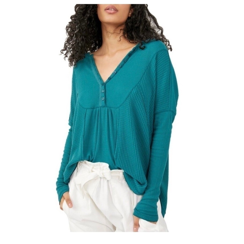 Free People Womens Teal Blue Waffle Knit Henley Thermal Top Size XS